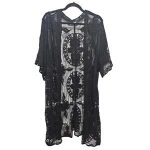 Black Sheer Lace Longline Kimono Cardigan Duster Floral Embroidered Boho  XL 1X